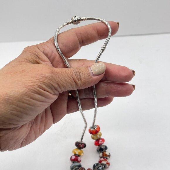 Pandora Style Silver Snake Chain Necklace With Colorful Murano Glass Beads w/Box - Picture 2 of 8